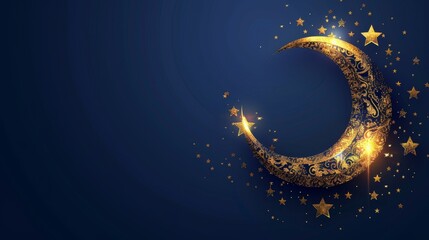 Obraz na płótnie Canvas Glowing Golden Ramadan Kareem Ornate Crescent Moon and Star on Dark Blue Background - Islamic Holiday Concept Illustration