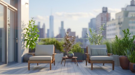 Fototapeta premium A balcony with two chairs and a table, with a view of a city