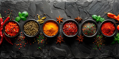 A set of various bright fragrant spices on a table made of black stone. Top view from the copy location. - obrazy, fototapety, plakaty