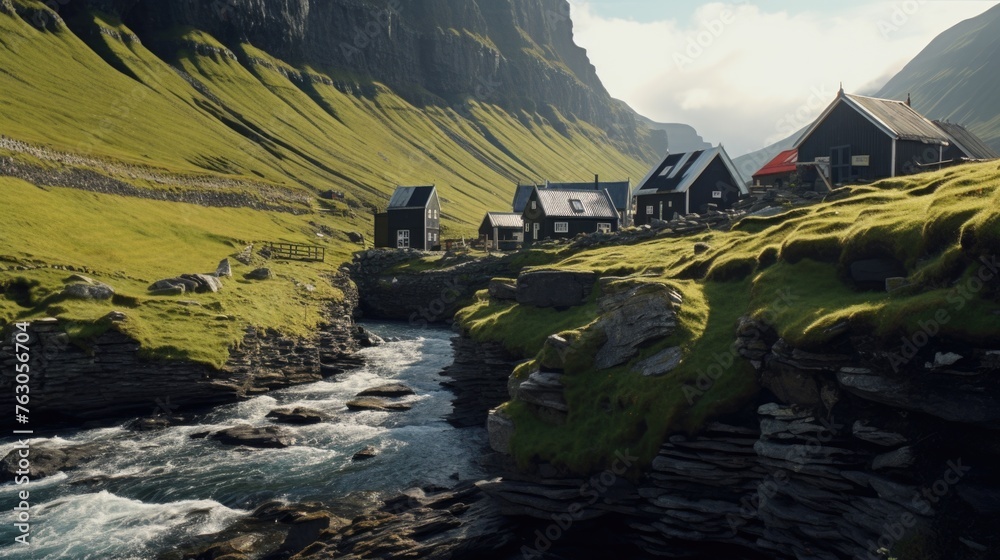 Poster scenic view of a river running through a lush green valley. perfect for nature and travel concepts