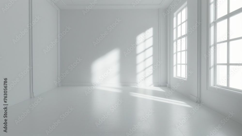 Poster simple empty room with white walls and windows, ideal for interior design projects
