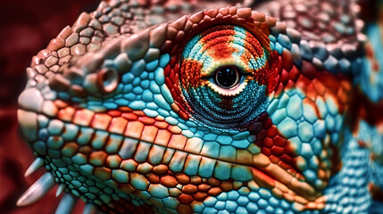 A colorful lizard with a blue and red face - obrazy, fototapety, plakaty