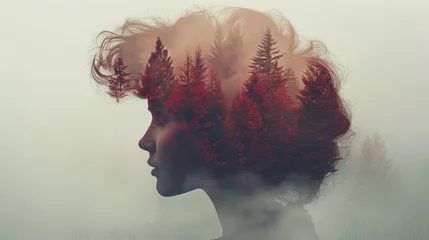Rolgordijnen Surreal double exposure  woman s silhouette blended with enchanting forest backdrop © Ilja