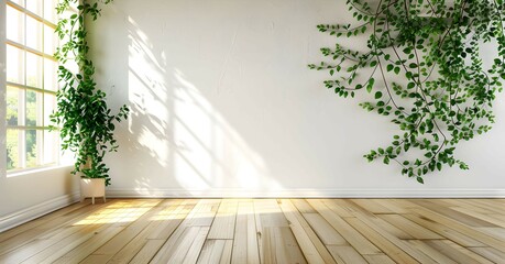 Minimalist interior design of an empty room with a white wall and wooden floor, green plants in pots on the side. Simple and clean interior with bright natural light from a window. Copy space. - obrazy, fototapety, plakaty
