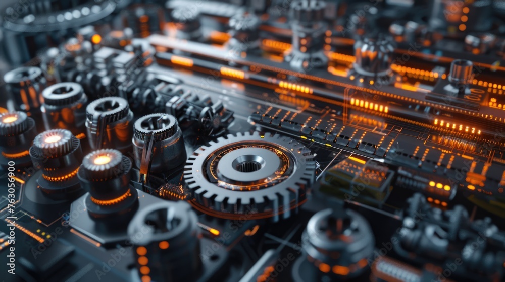 Fototapete detailed close-up of a machine with multiple gears. suitable for industrial concepts