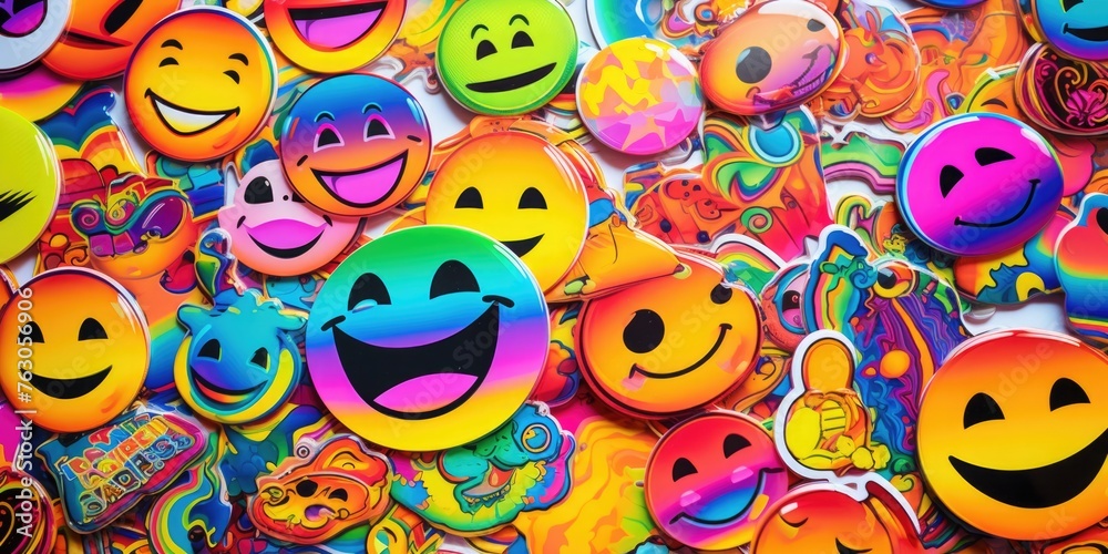 Poster Colorful smiley face buttons arranged on a table. Perfect for arts and crafts projects