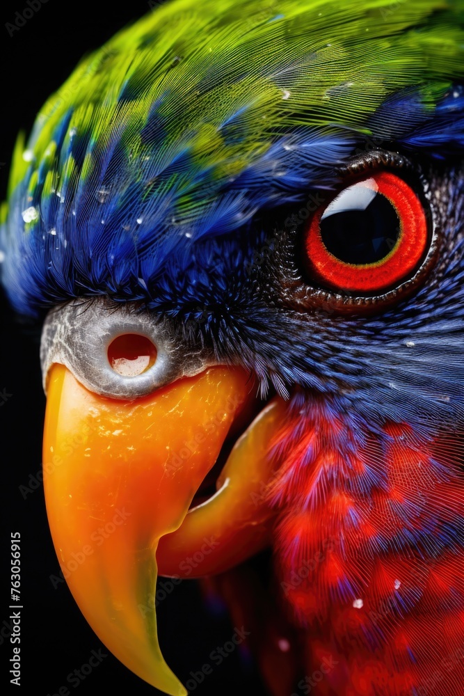 Poster close up of a colorful parrot's face, suitable for various projects