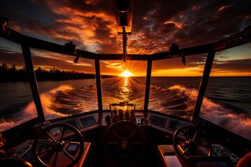 A ship captain standing on the bridge during the golden hour, gazing out over the horizon as the sun sets, casting a captivating silhouette against the sky.