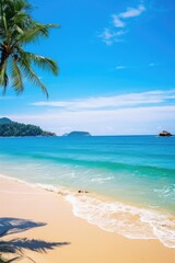 A serene beach scene with a palm tree in the foreground. Ideal for travel brochures or vacation websites