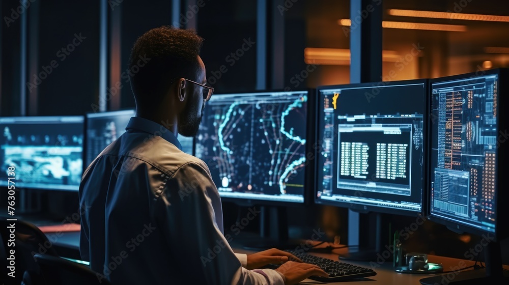 Poster A man sitting in front of three computer monitors. Suitable for technology and workplace concepts