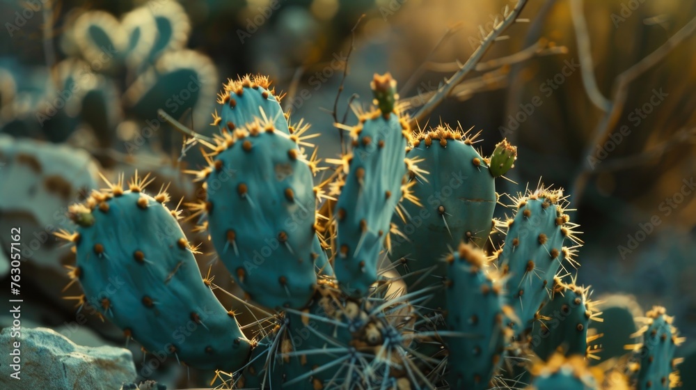 Poster detailed view of a cactus plant in a natural field setting. suitable for nature and desert-themed pr