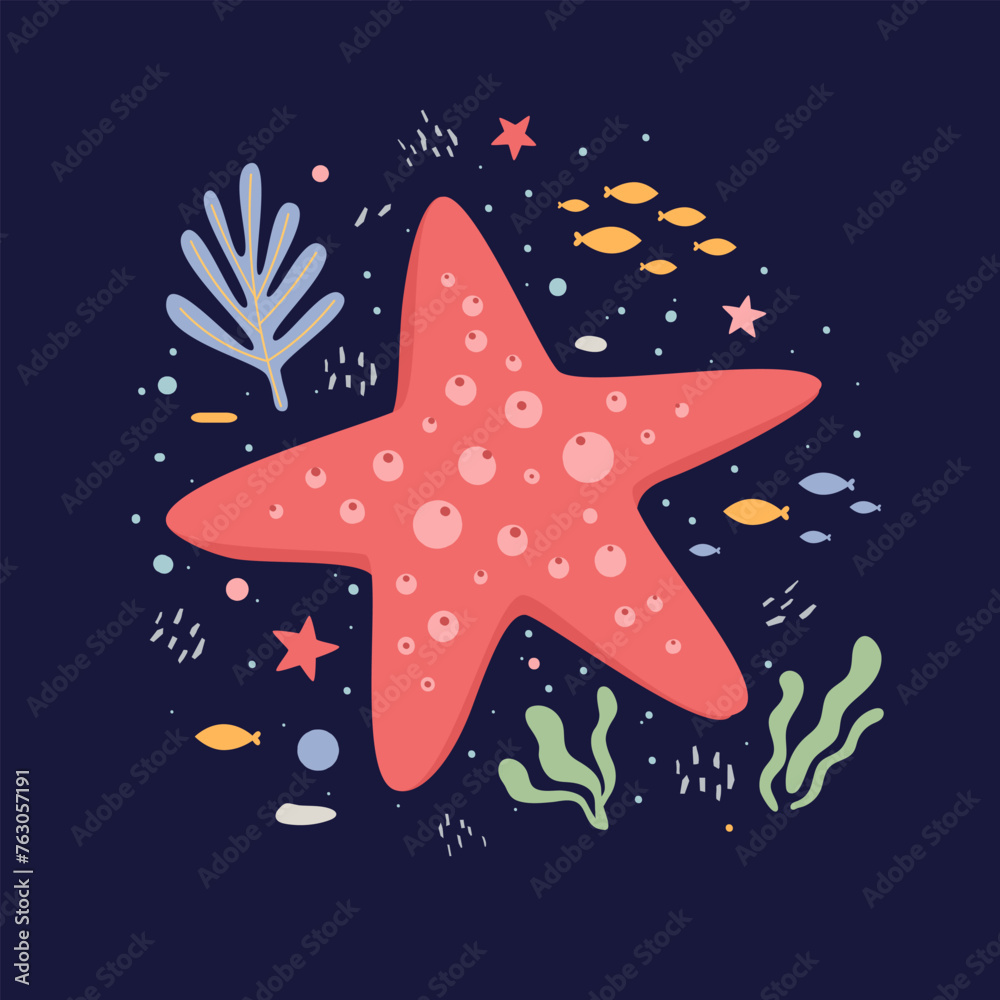 Wall mural Red starfish and algae isolated on a dark background. Cartoon sea animal, an inhabitant of the sea bottom. Exotic ocean creature. Fauna of the tropical sea. Flat vector illustration.