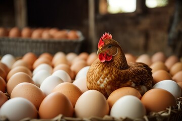 Chicken and egg farming in chicken coop, ready to be harvested and marketed