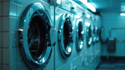 Row of washing machines in a public launder. Suitable for household appliances concept