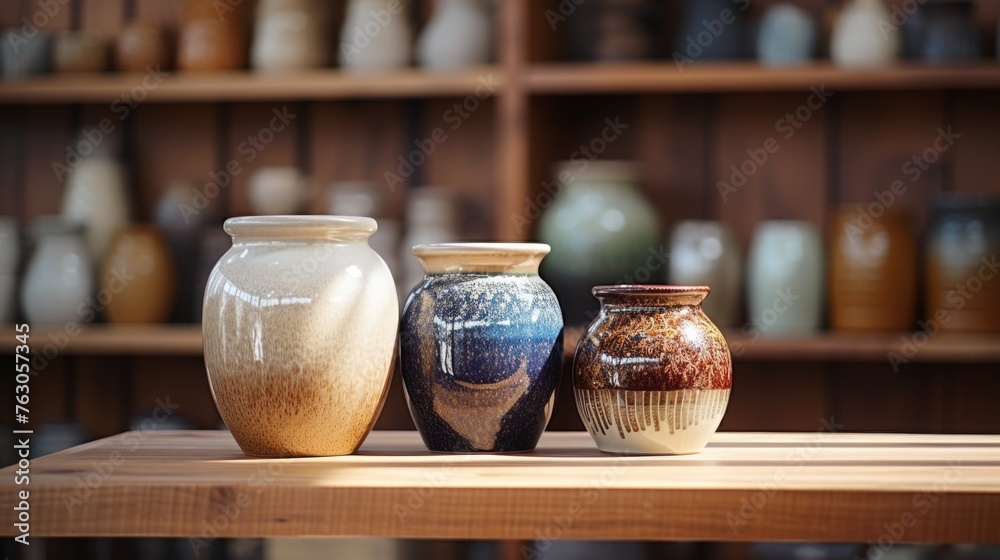 Poster three vases sitting on a table in front of a shelf. suitable for home decor concept