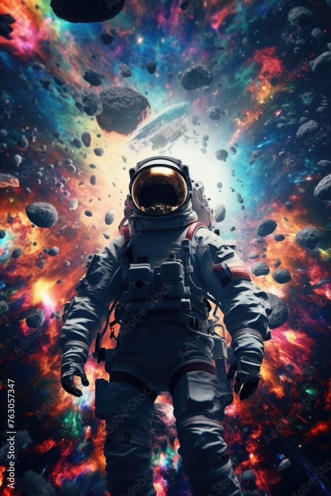 Poster An astronaut in a space suit standing in front of planets. Suitable for science and space-themed designs