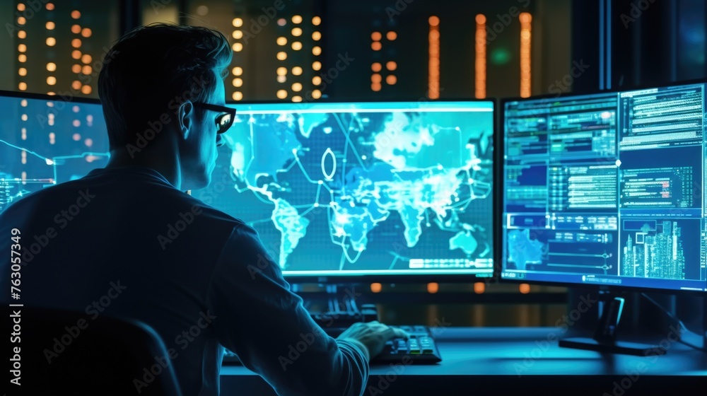 Poster A man sitting at a desk with dual monitors setup. Suitable for business and technology concepts