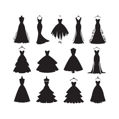 Elegant Bride Wedding Dress Silhouette Collection - Capturing the Essence of Bridal Elegance with Wedding Dress Illustration - Minimallest Bride Dress Vector
