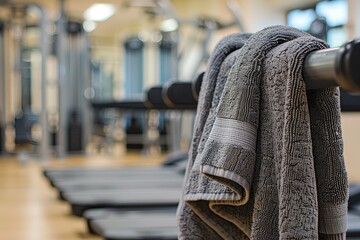 Close up of a towel on a bench in a modern gym. Sport and healthy lifestyle concept