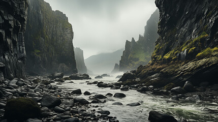 Beautiful seascape with basaltic cliffs and river.