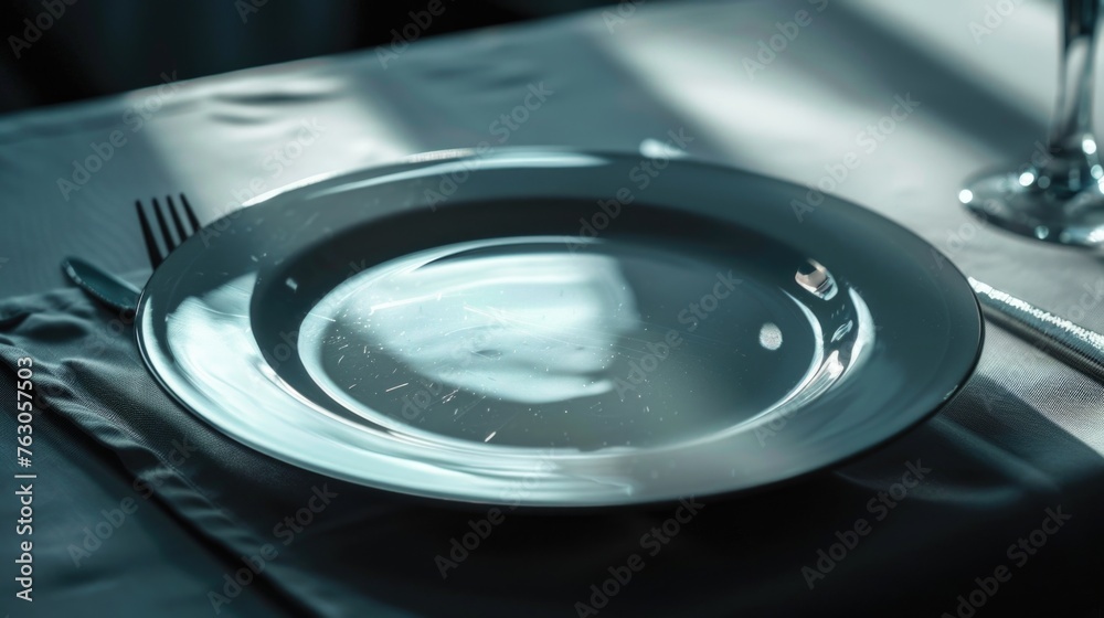 Poster a plate with a fork and knife on a table. suitable for restaurant or dining concept