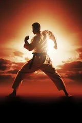 Fotobehang Man in karate stance against sunset, ideal for martial arts concept © Fotograf