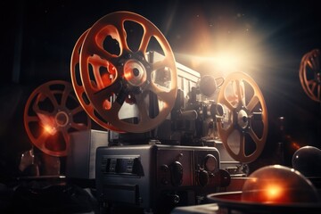 An old movie projector placed on a table. Suitable for retro or film-related themes
