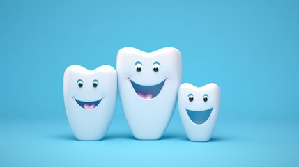 Fototapeta premium Three toothbrushes with cute smiling faces on a blue background. Perfect for dental hygiene or bathroom concepts