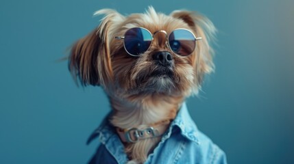A small dog looking cool in sunglasses and a denim shirt. Perfect for pet fashion and lifestyle concepts