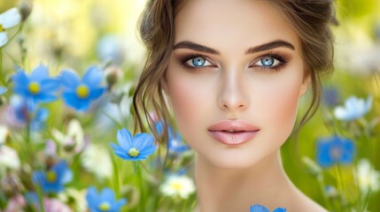 Luxury beauty model with perfect makeup in lush botanical garden for advertising