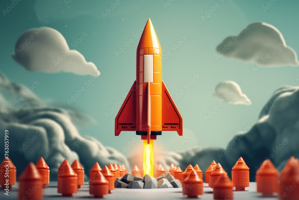 Poster a red rocket soaring through the sky, perfect for science and space-themed designs