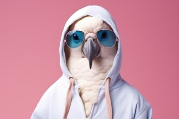 A stylish parrot wearing sunglasses and a hoodie. Perfect for tropical themed designs