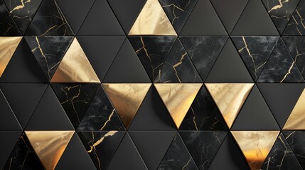 Luxurious black and gold triangular tile wallpaper, elegant polished 3D background. Digital rendering - obrazy, fototapety, plakaty