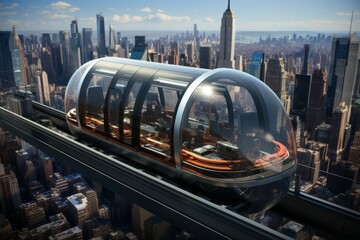 a futuristic cityscape with sleek, aerodynamic flying taxis soaring above skyscrapers and bustling streets - obrazy, fototapety, plakaty