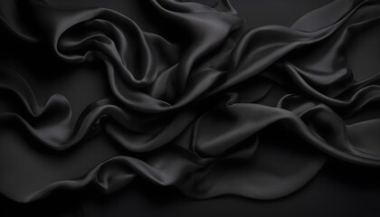 Fototapeta premium Black wavy silk drapery curtains falling off on a dark velvet studio background