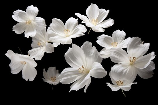 Fototapeta A beautiful bunch of white flowers on a striking black background. Perfect for elegant and modern designs