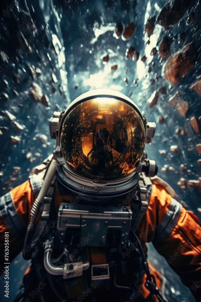Aufkleber A man in a space suit standing in front of a bunch of rocks. Suitable for science and space exploration concepts