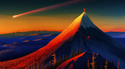 Fototapeta na wymiar A mountain with a red peak and a comet in the sky