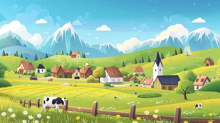 Plexiglas foto achterwand Cartoon farm scene with cow grazing, suitable for agricultural concepts © Fotograf