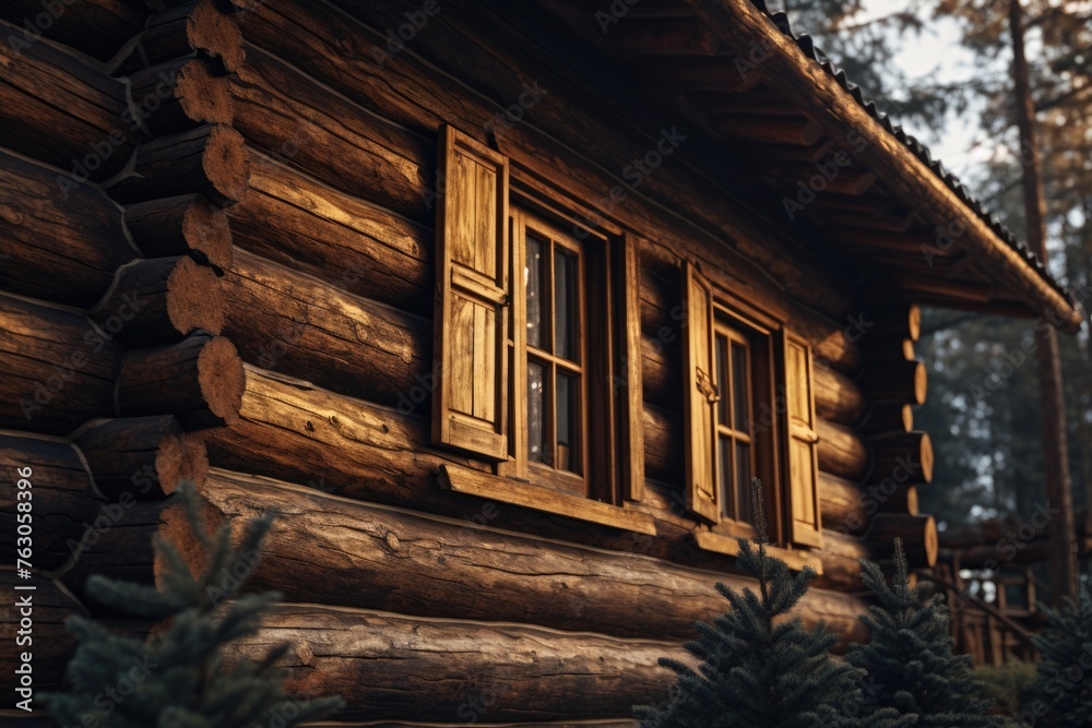 Aufkleber rustic log cabin with a tree in the background, suitable for nature or rural themed designs