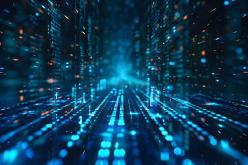 Abstract digital background with blue binary code and light streaks on black background, symbolizing technology and data transfer in cyberspace. This represents the flow of data in computer networks.