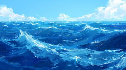 Ocean water surface with realistic waves and ripples, seascape background, digital painting - obrazy, fototapety, plakaty