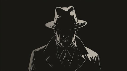 Old-fashioned detective or mafia character in hat, black and white noir style illustration