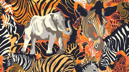 Fototapeta na wymiar Prints, Wallpapers, Posters with Abstract Animal Patterns, Elephants, Zebras, Horses