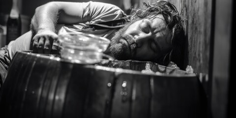 Man laying on the ground next to a wooden barrel, suitable for outdoor or rustic themes