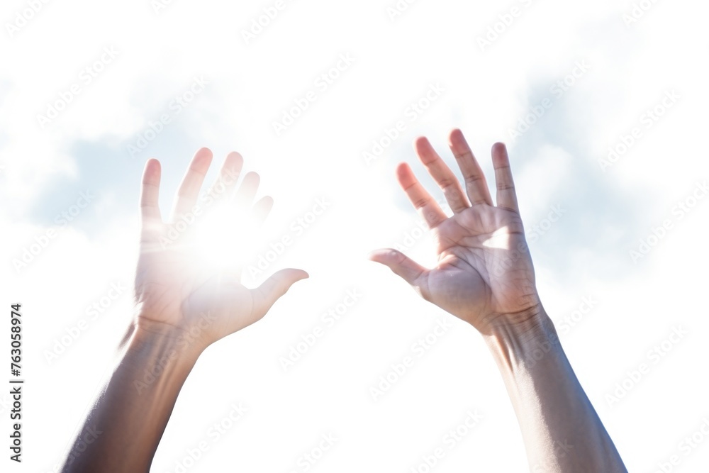 Poster Two hands reaching up towards the sun. Suitable for inspirational and motivational concepts