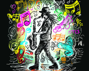 Stylized image of a saxophonist enveloped in neon light, capturing the essence of jazz and urban music culture, ideal for modern musical themes and designs
