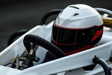 Race car helmet on steering wheel, suitable for sports and automotive concepts