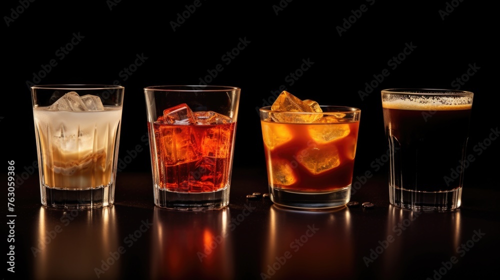 Poster assorted drinks displayed on a table, perfect for beverage concept designs