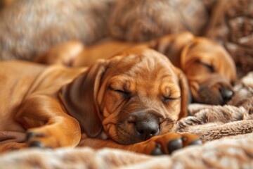 Two cute puppies peacefully sleeping on a cozy blanket. Perfect for pet lovers and animal-themed designs